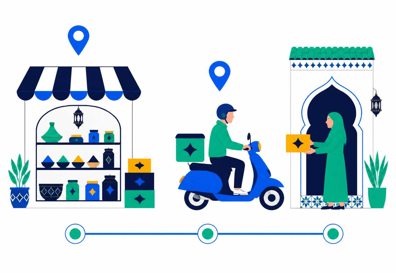Commerçant marocain avec une tablette devant son hanout